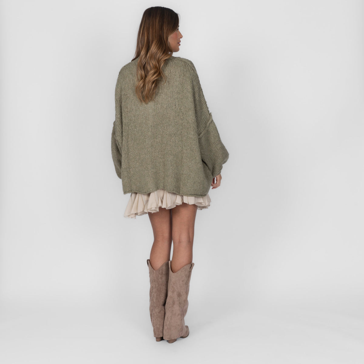 Women's Oversized Knit Cardigan – Gold-Tone Buttons in Soft Olive – back view | Hensley London