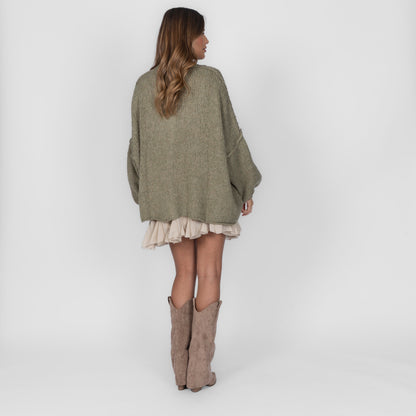 Women's Oversized Knit Cardigan – Gold-Tone Buttons in Soft Olive – back view | Hensley London