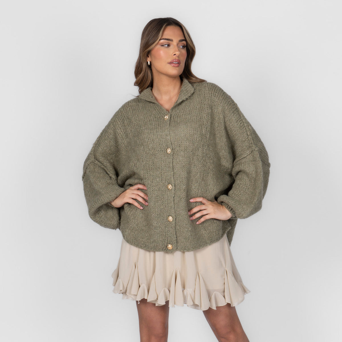 Women's Oversized Knit Cardigan – Gold-Tone Buttons in Soft Olive – front view | Hensley London