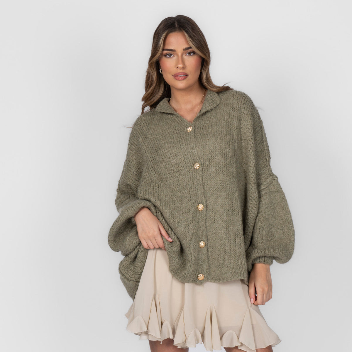 Women's Oversized Knit Cardigan – Gold-Tone Buttons in Soft Olive – front view | Hensley London