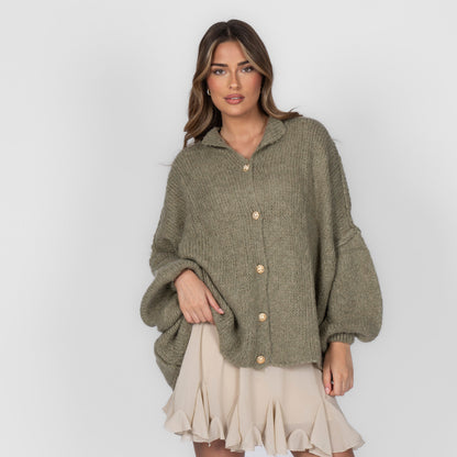 Women's Oversized Knit Cardigan – Gold-Tone Buttons in Soft Olive – front view | Hensley London