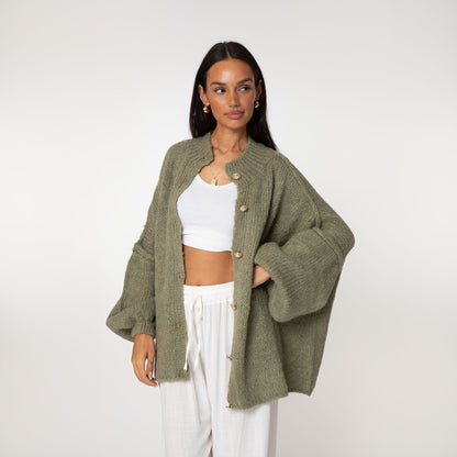 Women's Oversized Knit Cardigan – Gold-Tone Buttons in Soft Olive – open front view | Hensley London