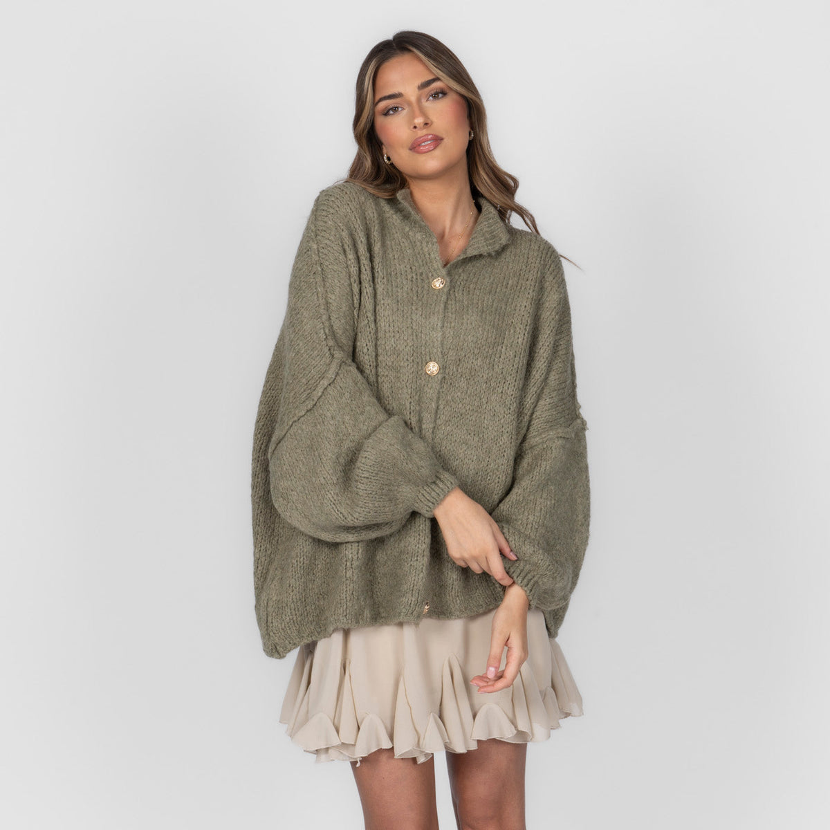 Women's Oversized Knit Cardigan – Gold-Tone Buttons in Soft Olive – front view | Hensley London