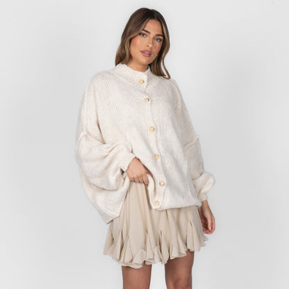 Women's Oversized Knit Cardigan – Gold-Tone Buttons in Cream – front view | Hensley London