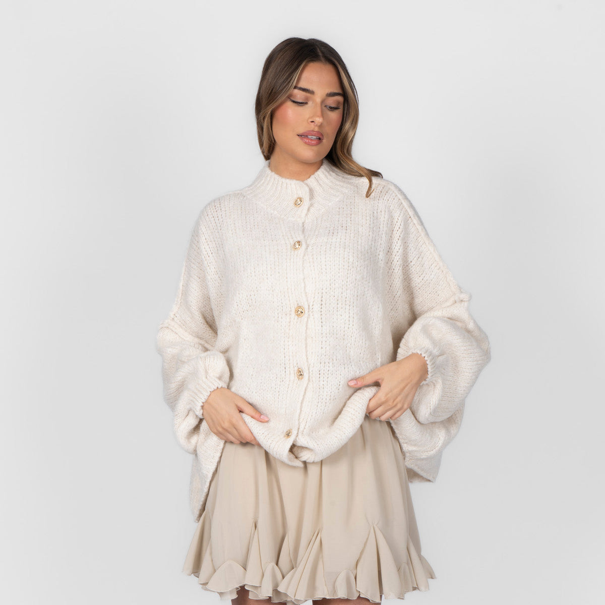 Women's Oversized Knit Cardigan – Gold-Tone Buttons in Cream – front view | Hensley London