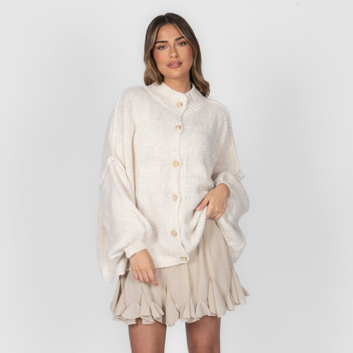 Women's Oversized Knit Cardigan – Gold-Tone Buttons in Cream – front view | Hensley London