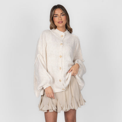Women's Oversized Knit Cardigan – Gold-Tone Buttons in Cream – front view | Hensley London