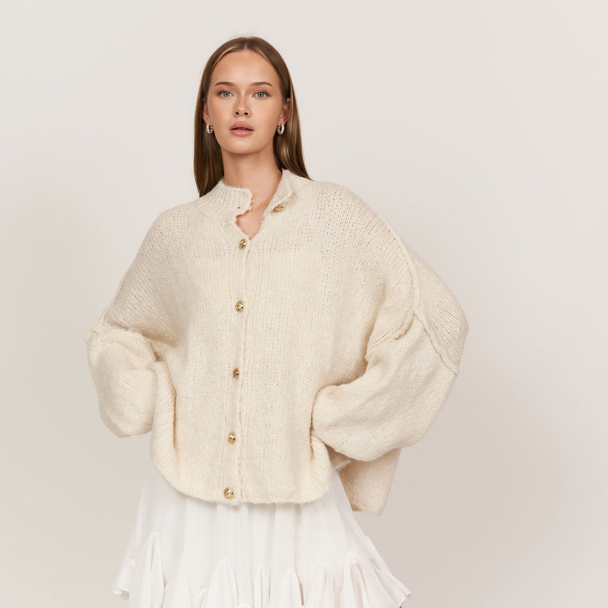 Women's Oversized Knit Cardigan – Gold-Tone Buttons in Cream – front view | Hensley London