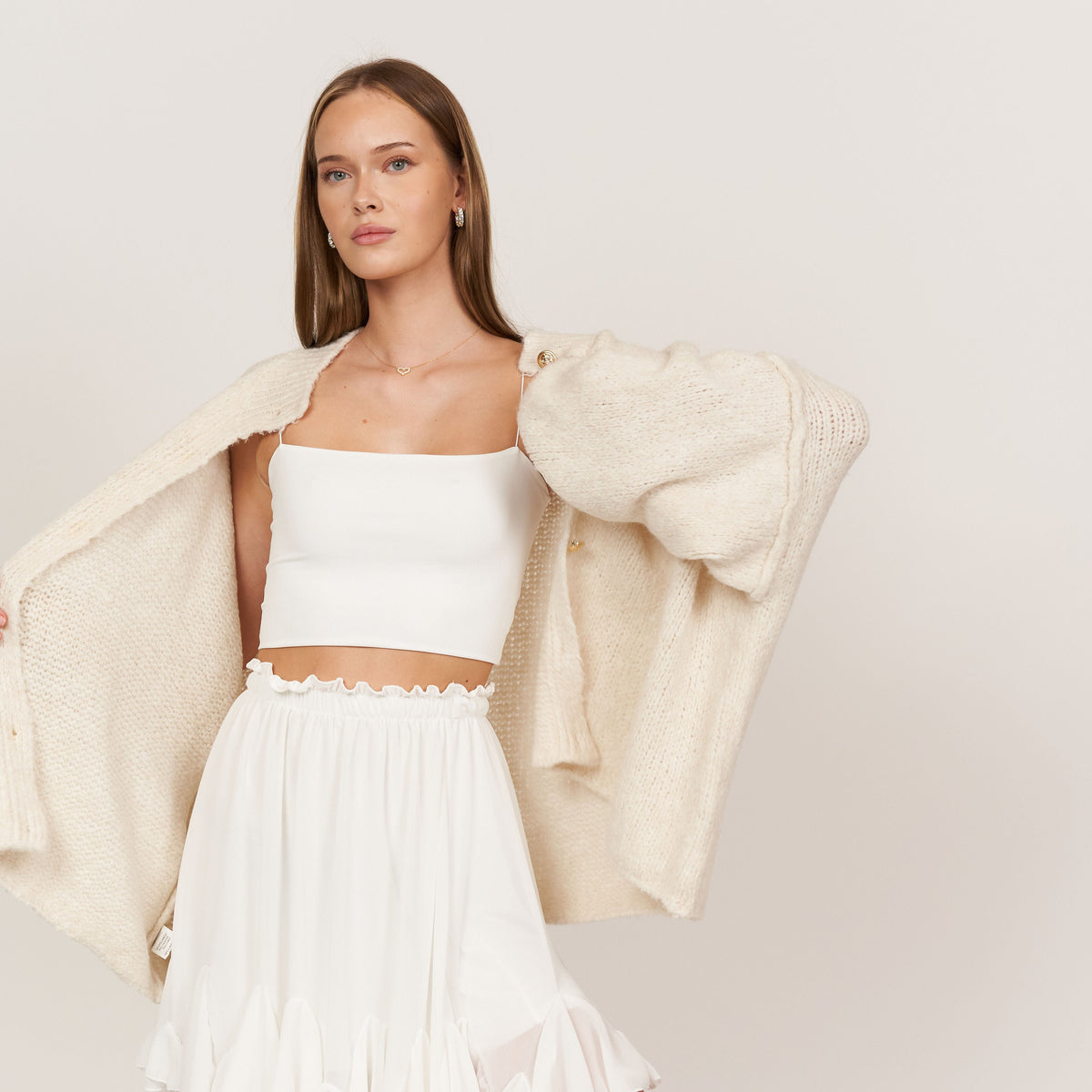 Women's Oversized Knit Cardigan – Gold-Tone Buttons in Cream – open front view | Hensley London