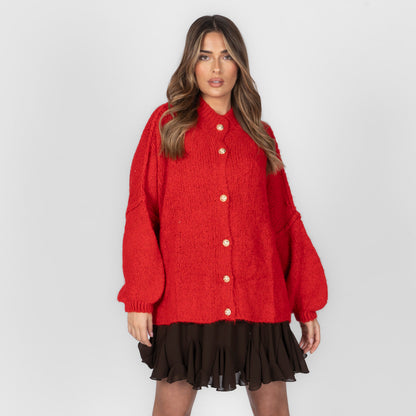 Women's Oversized Knit Cardigan – Gold-Tone Buttons in Red – front view | Hensley London