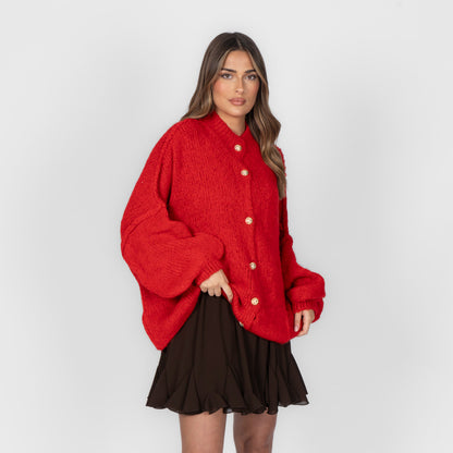 Women's Oversized Knit Cardigan – Gold-Tone Buttons in Red – front view | Hensley London