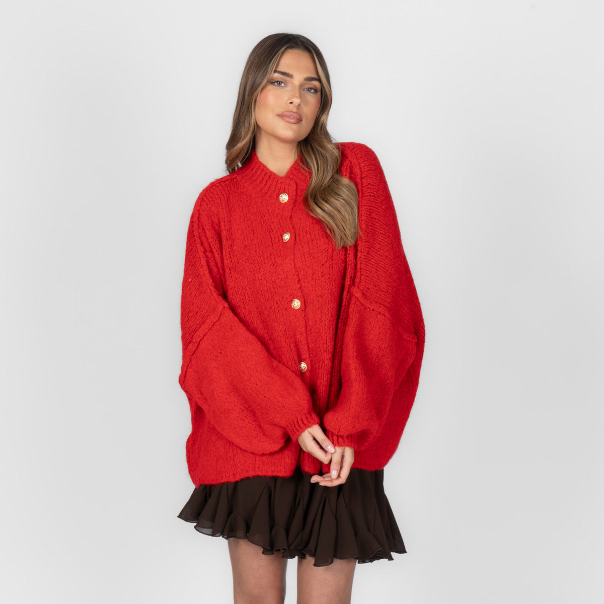 Women's Oversized Knit Cardigan – Gold-Tone Buttons in Red – front view | Hensley London