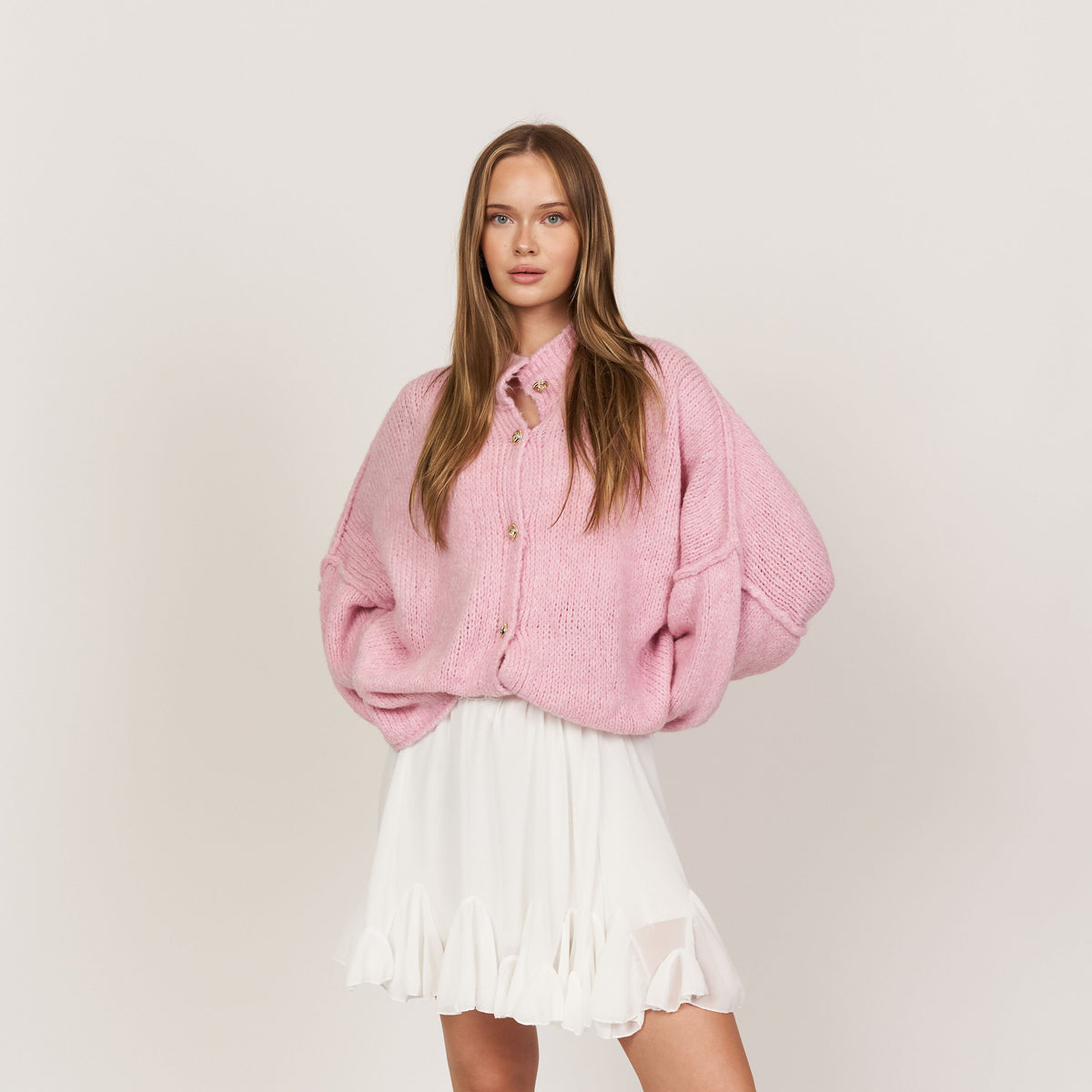 Women's Oversized Knit Cardigan – Gold-Tone Buttons in Soft Pink – front view | Hensley London