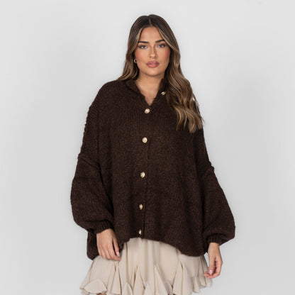 Women's Oversized Knit Cardigan – Gold-Tone Buttons in Dark Brown – front view | Hensley London