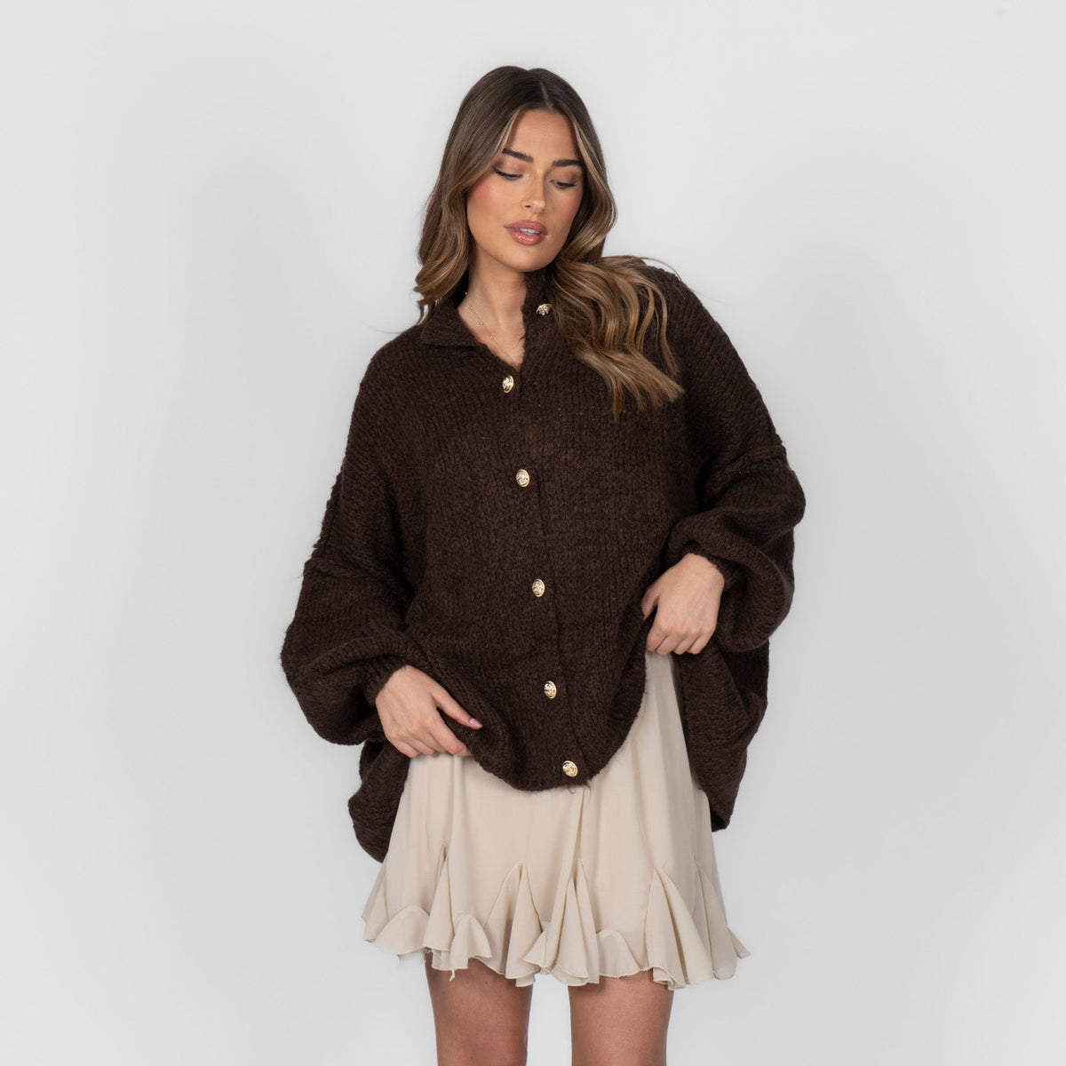 Women's Oversized Knit Cardigan – Gold-Tone Buttons in Dark Brown – front view | Hensley London