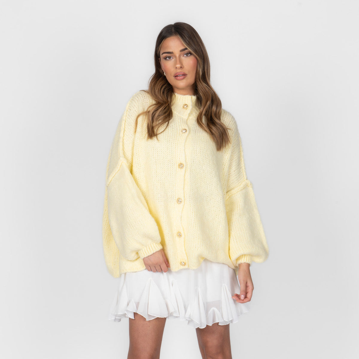 Women's Oversized Knit Cardigan – Gold-Tone Buttons in Butter Yellow – front view | Hensley London