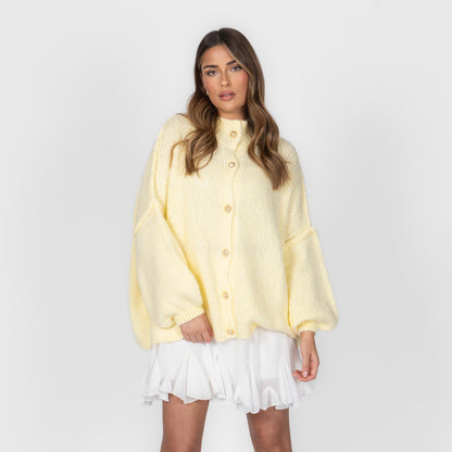 Women's Oversized Knit Cardigan – Gold-Tone Buttons in Butter Yellow – front view | Hensley London