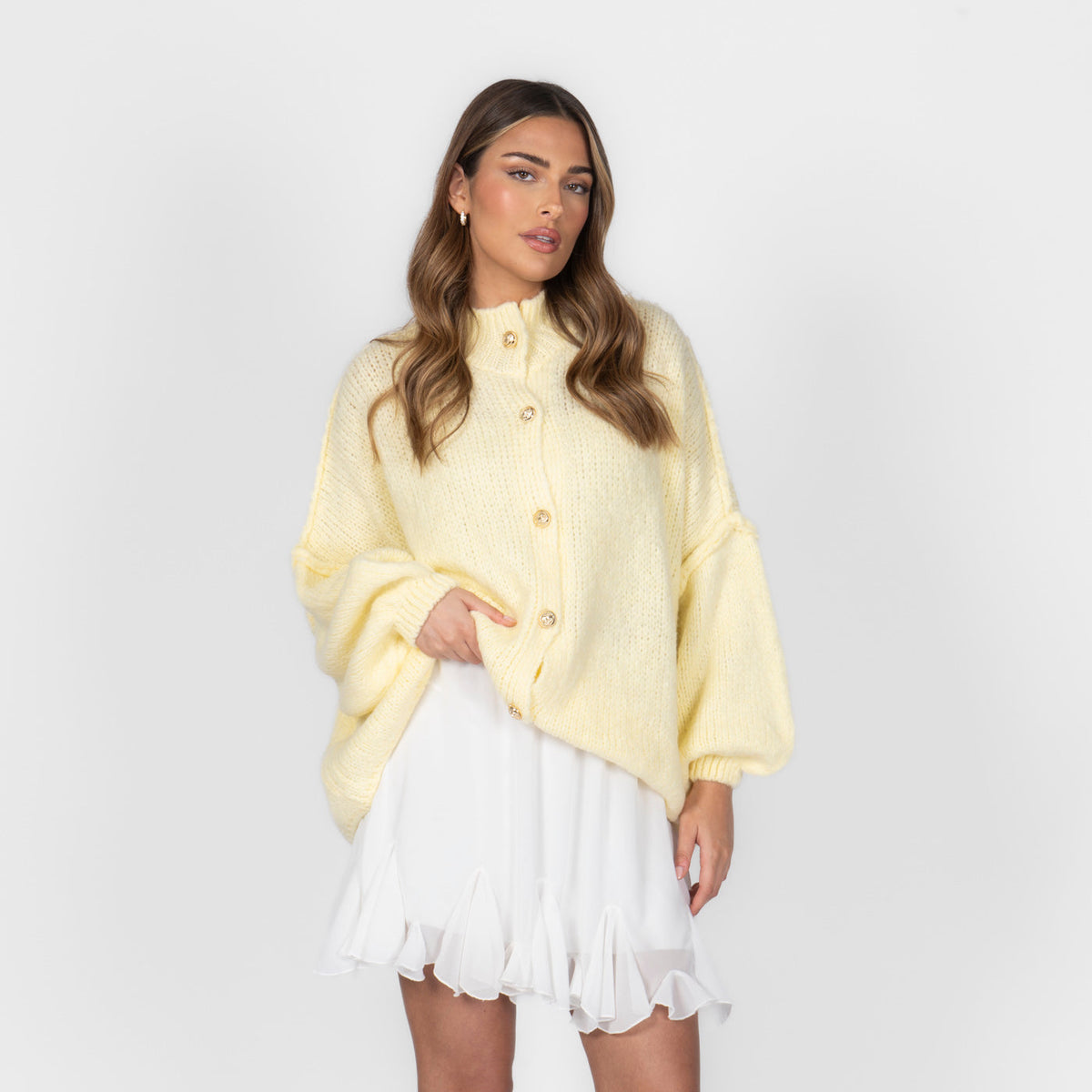 Women's Oversized Knit Cardigan – Gold-Tone Buttons in Butter Yellow – front view | Hensley London
