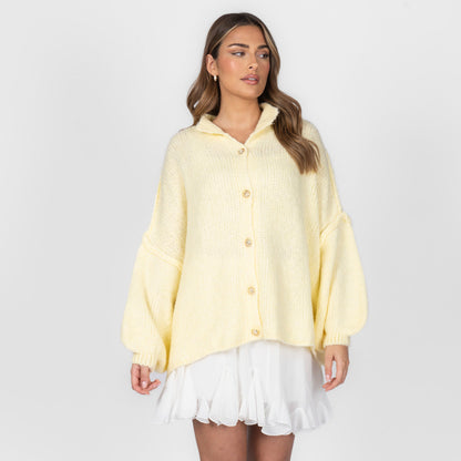 Women's Oversized Knit Cardigan – Gold-Tone Buttons in Butter Yellow – front view | Hensley London