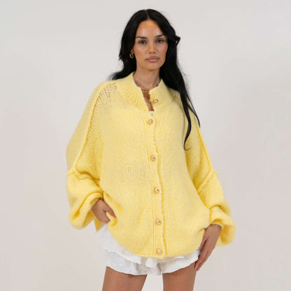 Women's Oversized Knit Cardigan – Gold-Tone Buttons in Butter Yellow – front view | Hensley London