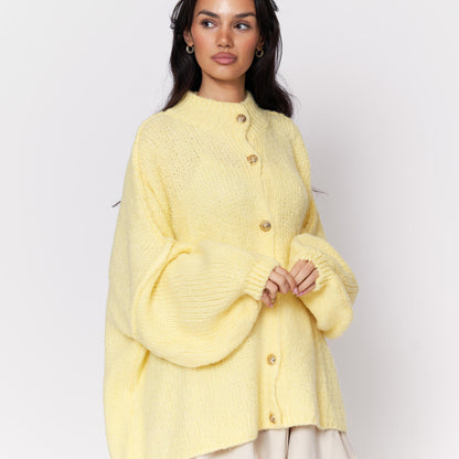 Women's Oversized Knit Cardigan – Gold-Tone Buttons in Butter Yellow – front view | Hensley London