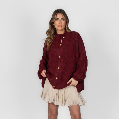 Women's Oversized Knit Cardigan – Gold-Tone Buttons in Burgundy – front view | Hensley London
