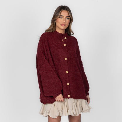 Women's Oversized Knit Cardigan – Gold-Tone Buttons in Burgundy – front view | Hensley London