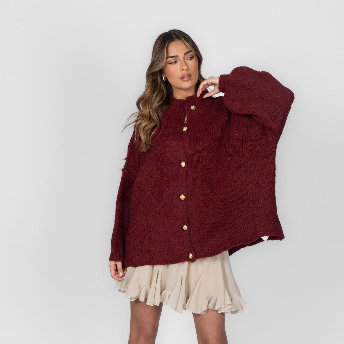 Women's Oversized Knit Cardigan – Gold-Tone Buttons in Burgundy – front view | Hensley London