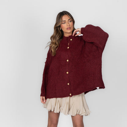 Women's Oversized Knit Cardigan – Gold-Tone Buttons in Burgundy – front view | Hensley London