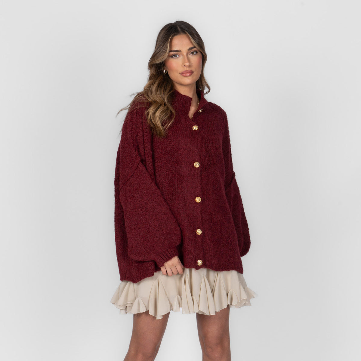 Women's Oversized Knit Cardigan – Gold-Tone Buttons in Burgundy – front view | Hensley London