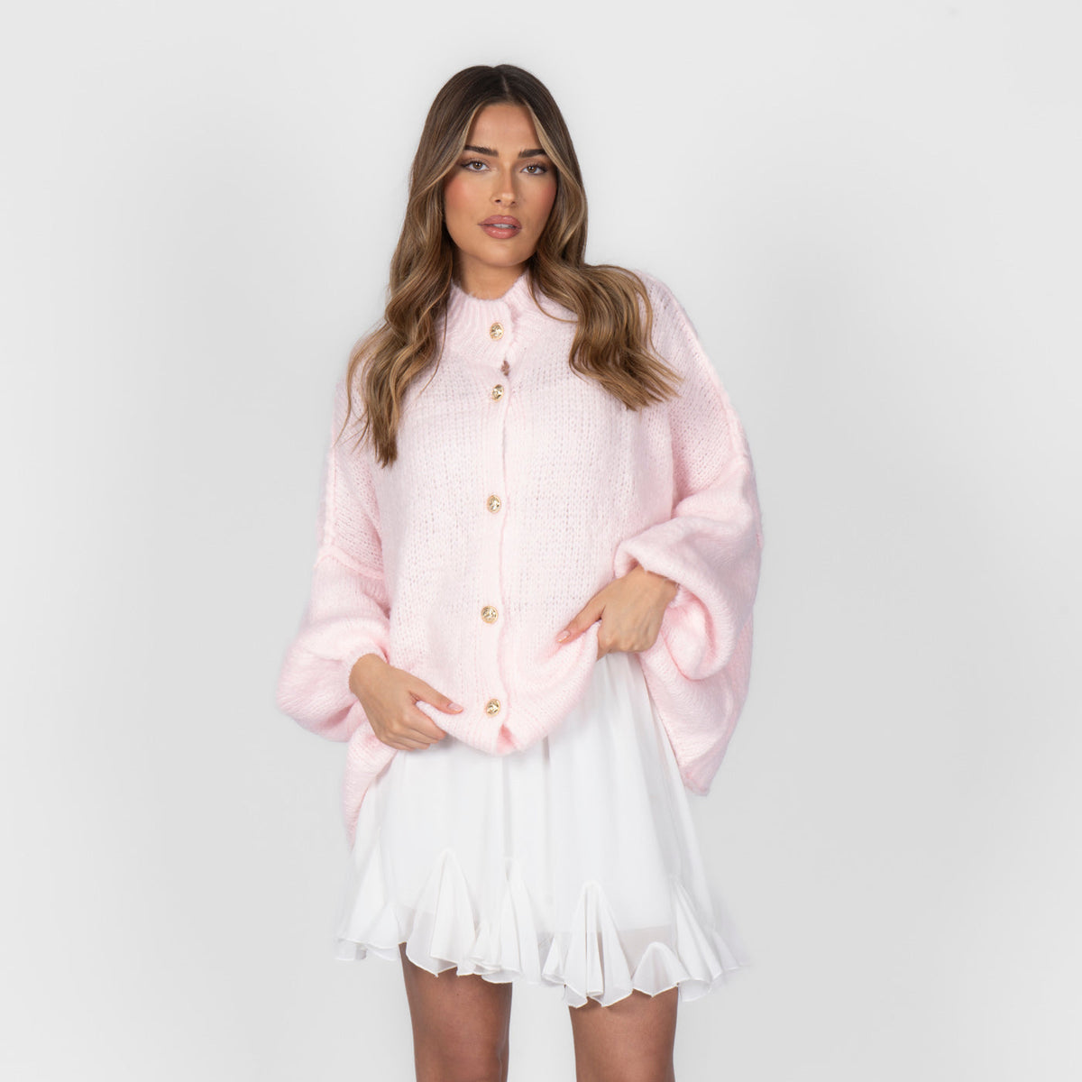 Women's Oversized Knit Cardigan – Gold-Tone Buttons in Powder Pink – front view | Hensley London