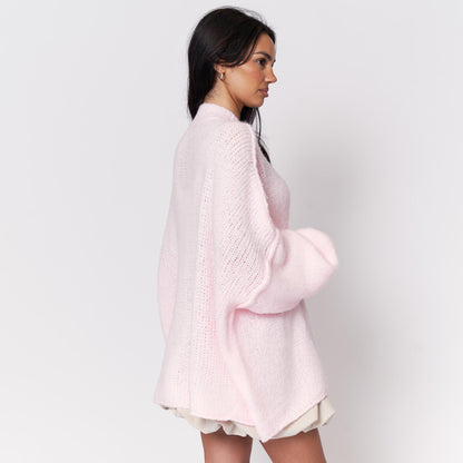 Women's Oversized Knit Cardigan – Gold-Tone Buttons in Powder Pink – back view | Hensley London