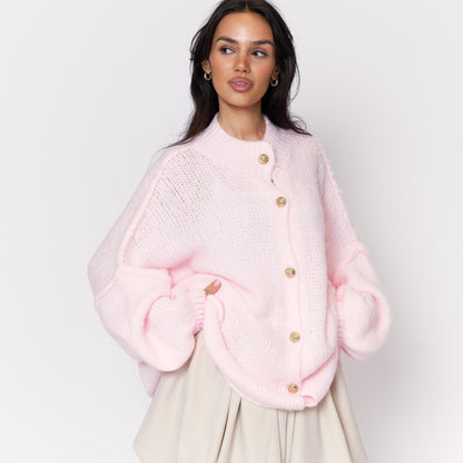 Women's Oversized Knit Cardigan – Gold-Tone Buttons in Powder Pink – front view | Hensley London