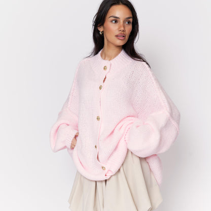 Women's Oversized Knit Cardigan – Gold-Tone Buttons in Powder Pink – front view | Hensley London
