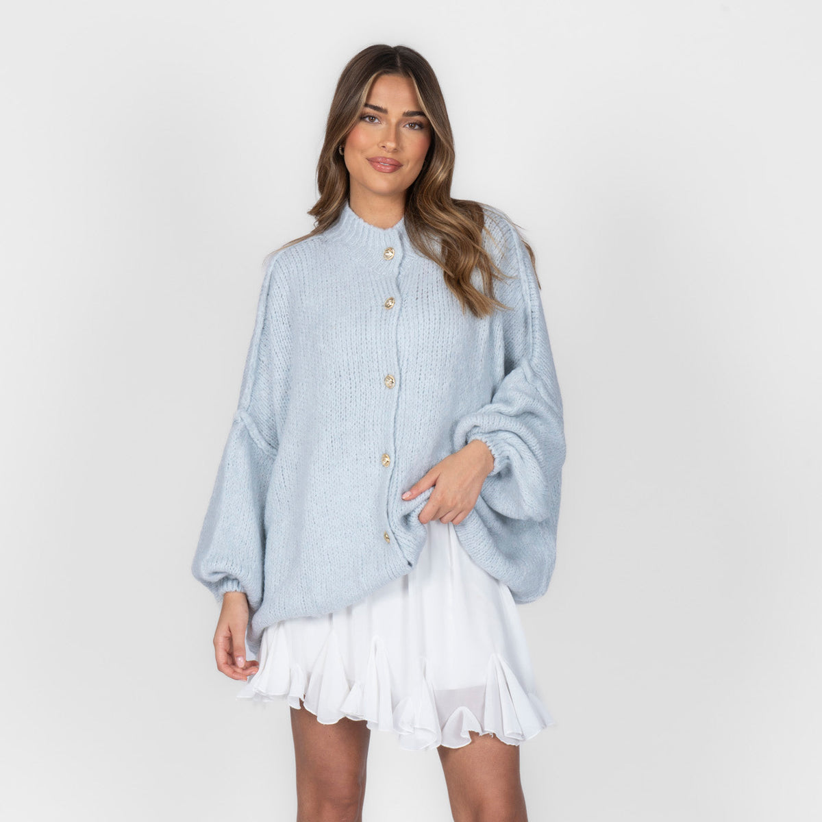 Women's Oversized Knit Cardigan – Gold-Tone Buttons in Ice Blue – front view | Hensley London