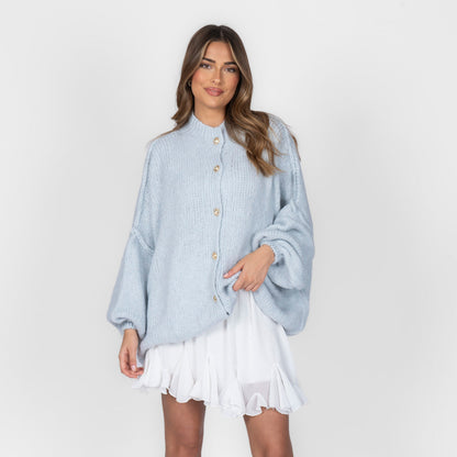 Women's Oversized Knit Cardigan – Gold-Tone Buttons in Ice Blue – front view | Hensley London