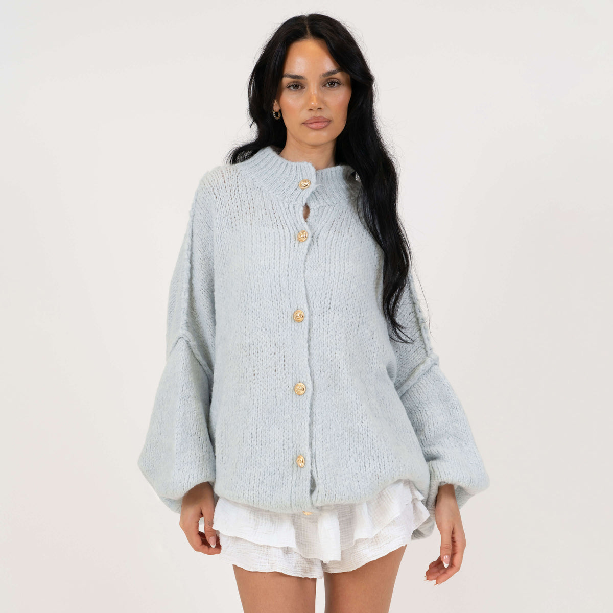 Women's Oversized Knit Cardigan – Gold-Tone Buttons in Ice Blue – front view | Hensley London