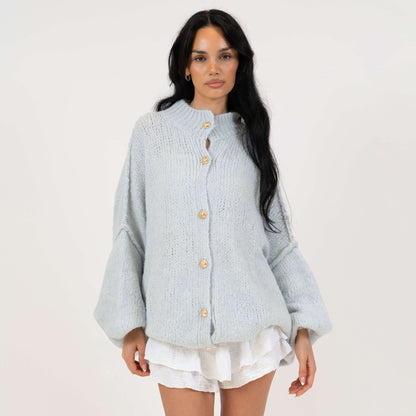 Women's Oversized Knit Cardigan – Gold-Tone Buttons in Ice Blue – front view | Hensley London