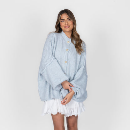 Women's Oversized Knit Cardigan – Gold-Tone Buttons in Ice Blue – front view | Hensley London