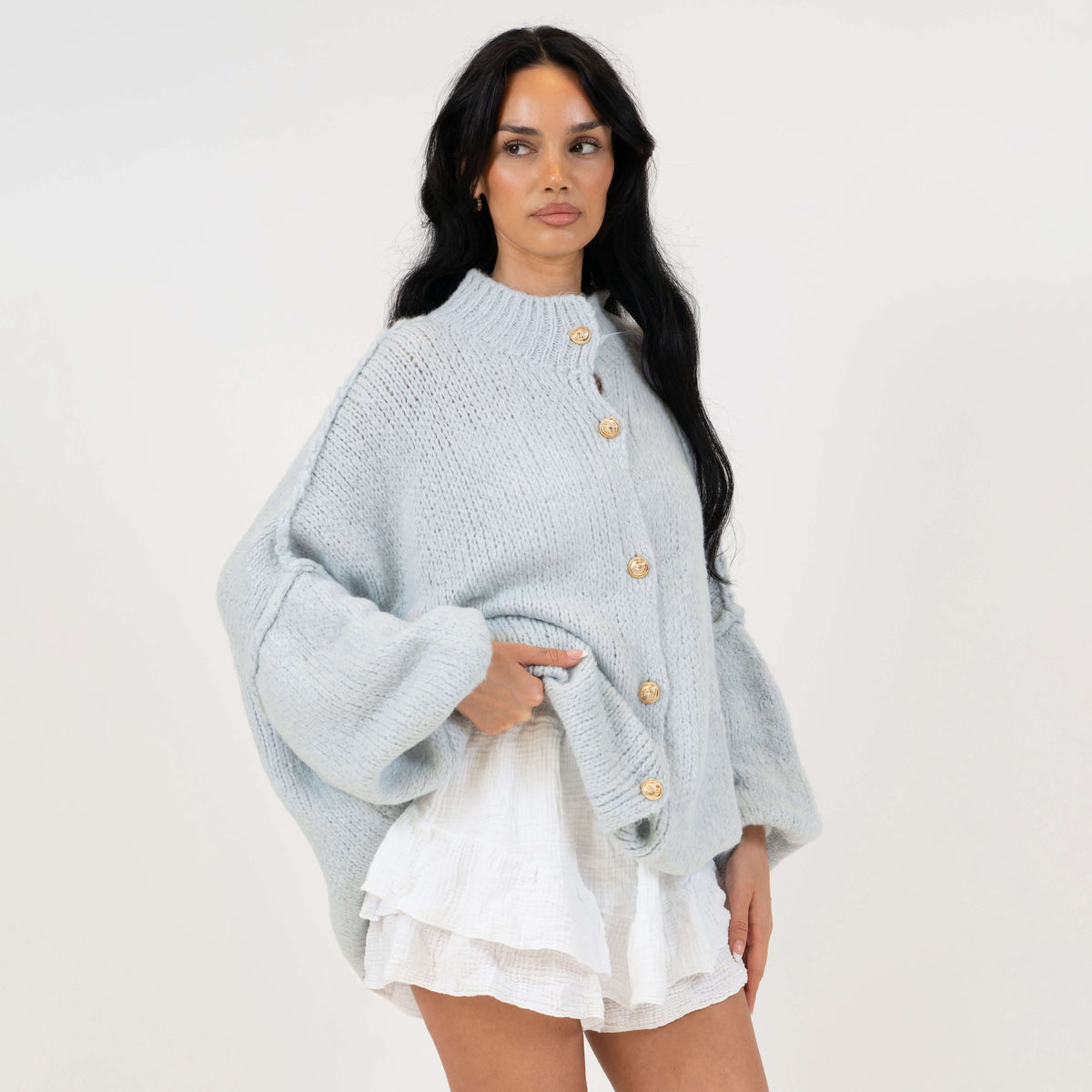 Women's Oversized Knit Cardigan – Gold-Tone Buttons in Ice Blue – front view | Hensley London
