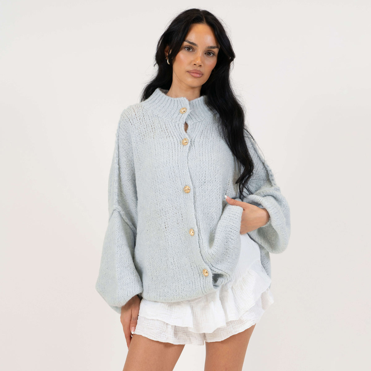 Women's Oversized Knit Cardigan – Gold-Tone Buttons in Ice Blue – front view | Hensley London
