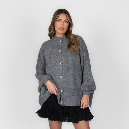 Women's Oversized Knit Cardigan – Gold-Tone Buttons in Grey – front view | Hensley London