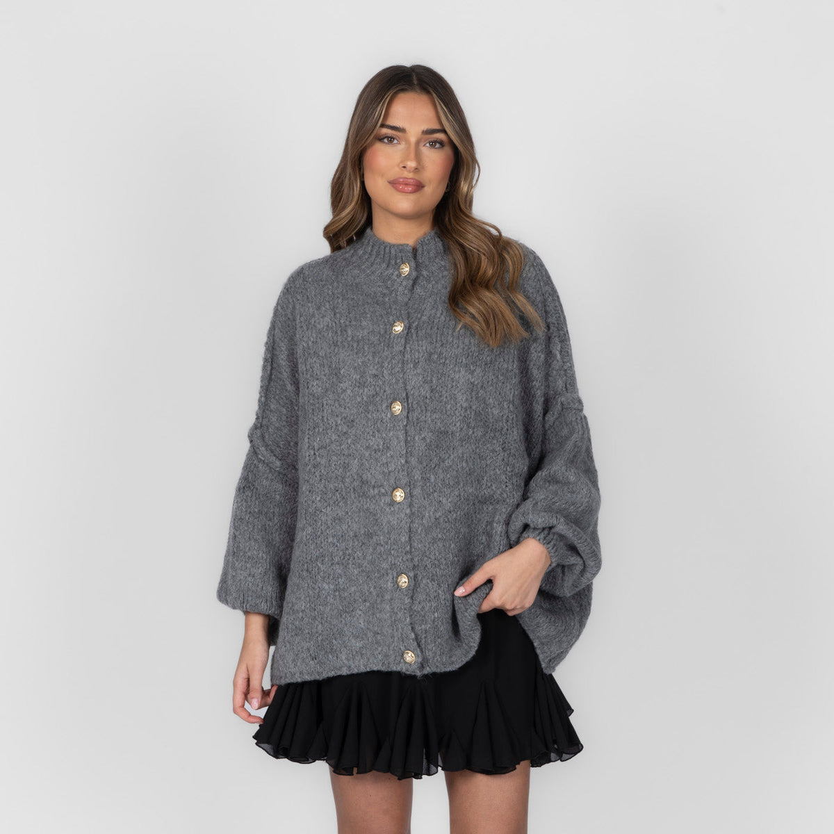 Women's Oversized Knit Cardigan – Gold-Tone Buttons in Grey – front view | Hensley London