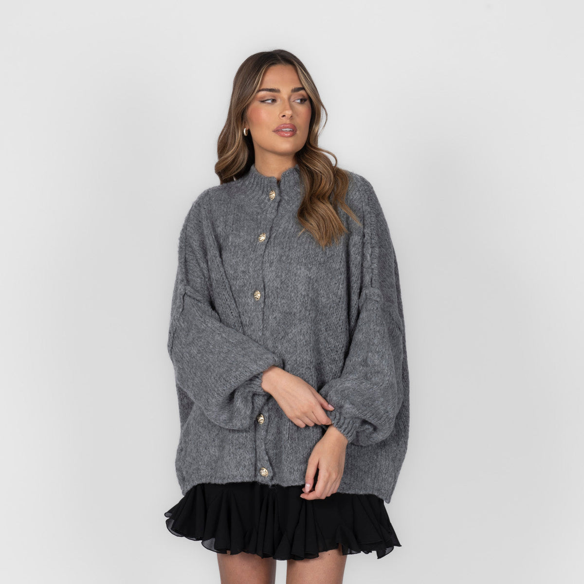 Women's Oversized Knit Cardigan – Gold-Tone Buttons in Grey – front view | Hensley London