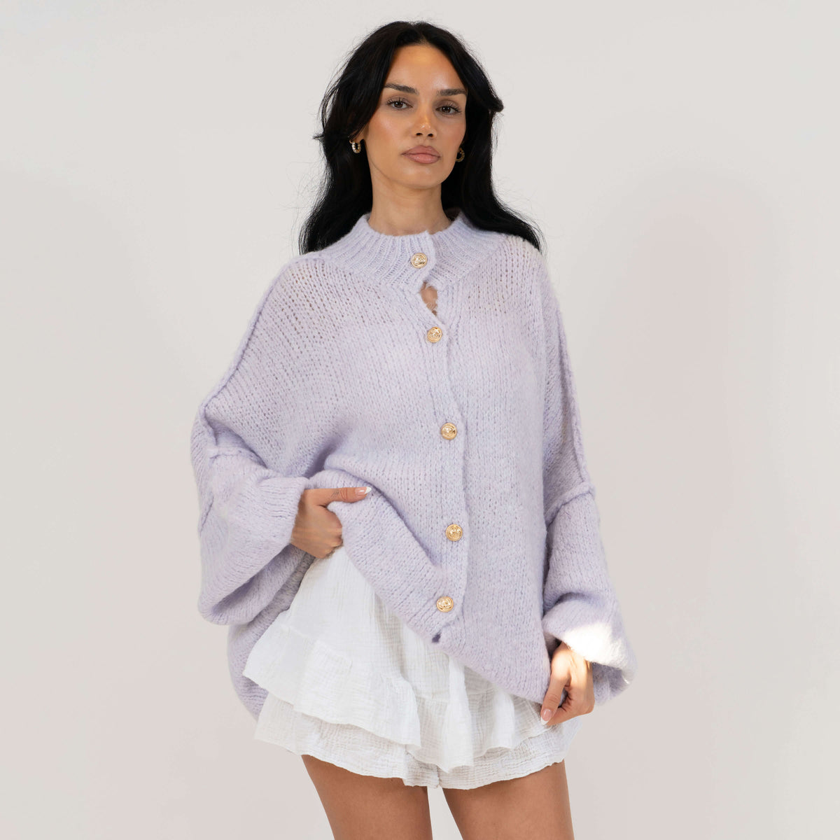 Women's Oversized Knit Cardigan – Gold-Tone Buttons in Lilac – front view | Hensley London