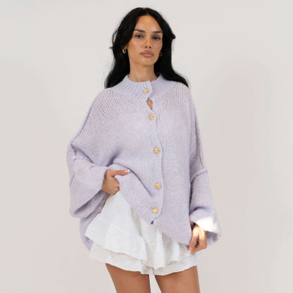 Women's Oversized Knit Cardigan – Gold-Tone Buttons in Lilac – front view | Hensley London