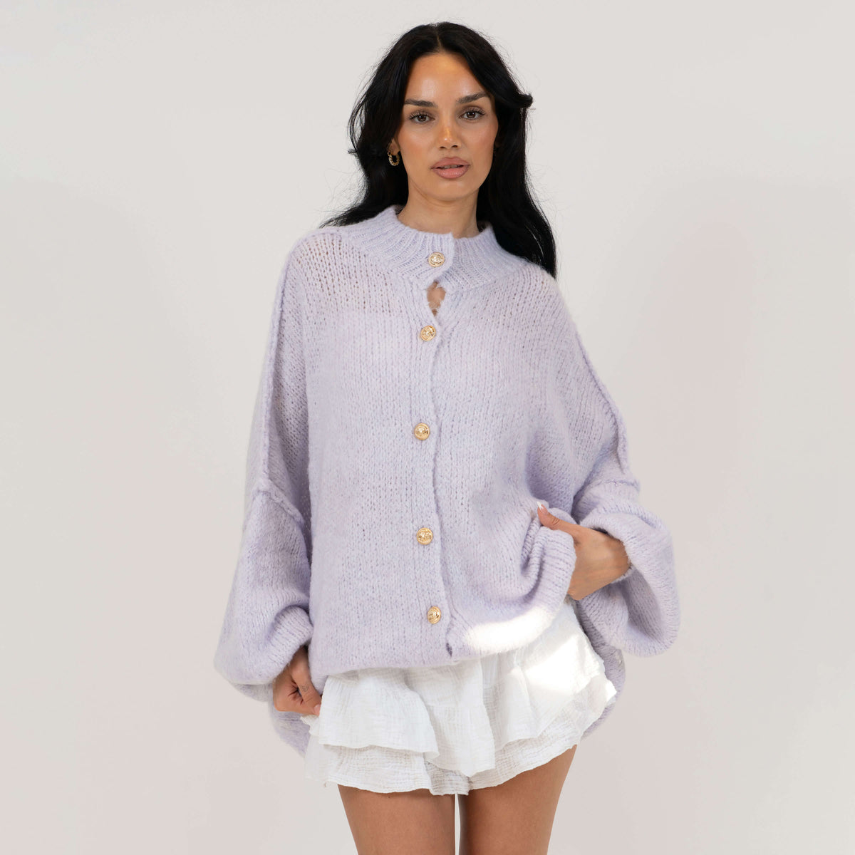 Women's Oversized Knit Cardigan – Gold-Tone Buttons in Lilac – front view | Hensley London
