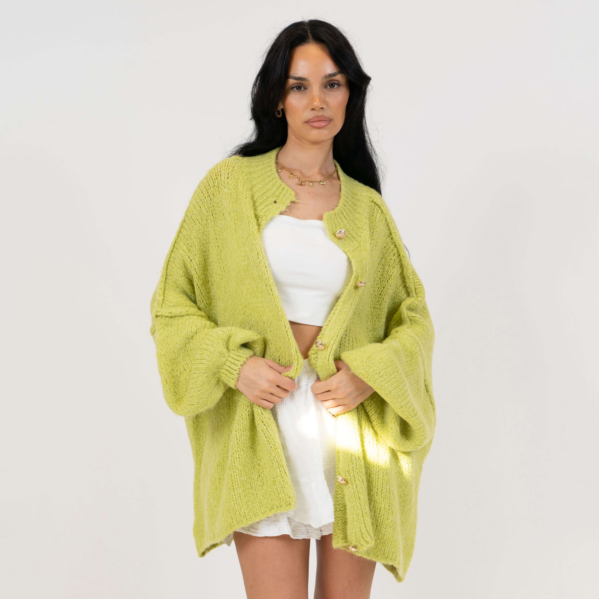 Women's Oversized Knit Cardigan – Gold-Tone Buttons in Pistachio – front view | Hensley London