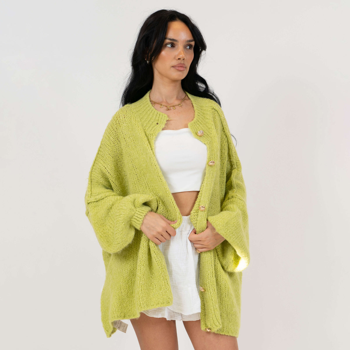 Women's Oversized Knit Cardigan – Gold-Tone Buttons in Pistachio – front view | Hensley London