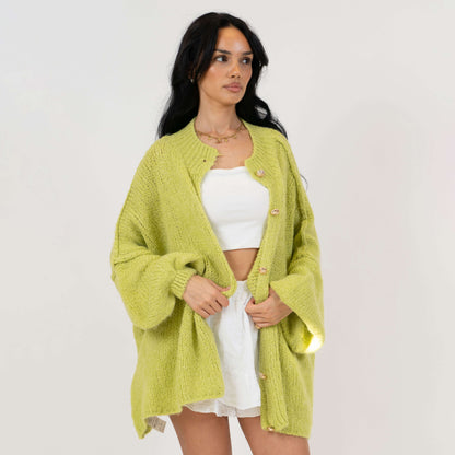 Women's Oversized Knit Cardigan – Gold-Tone Buttons in Pistachio – front view | Hensley London